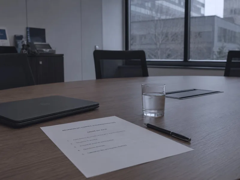 A printed meeting agenda in French on an empty boardroom table.